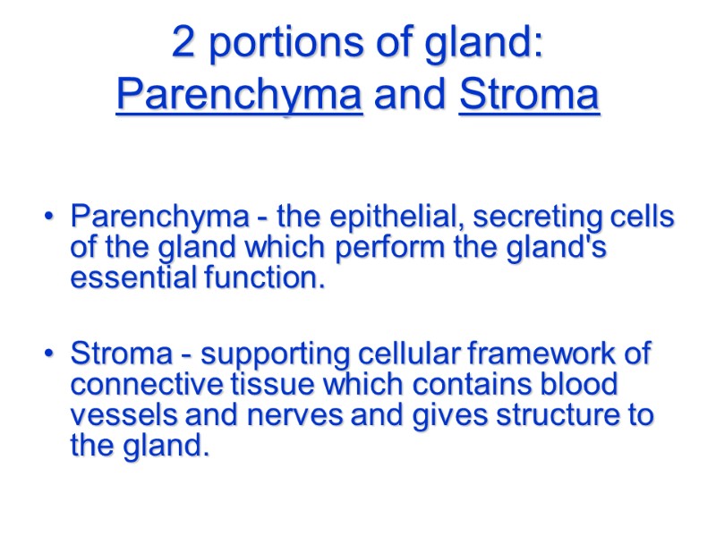 2 portions of gland: Parenchyma and Stroma    Parenchyma - the epithelial,